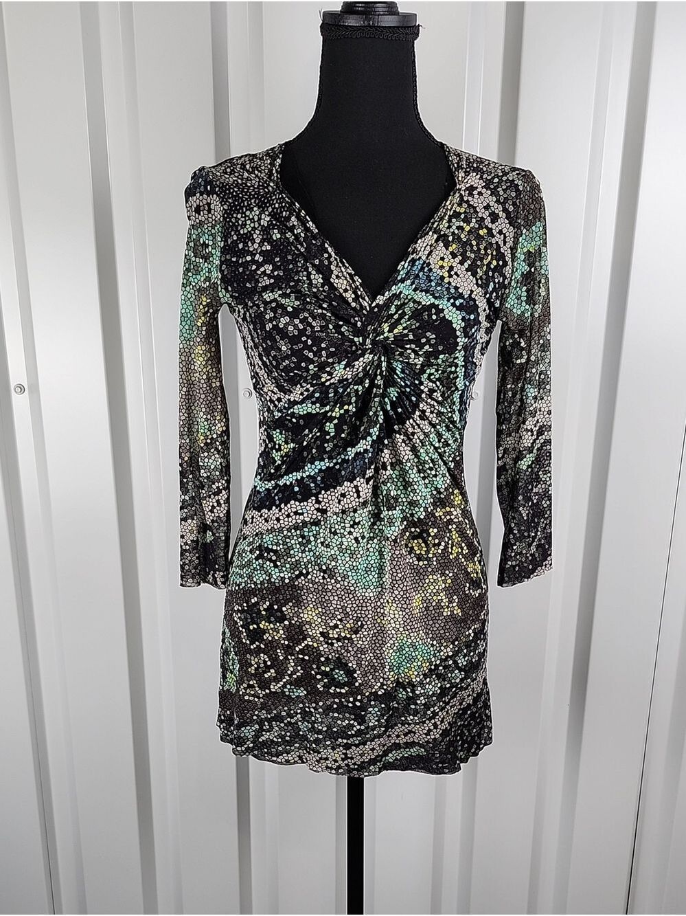Fuzzi Womens Twist-Front Black Teal Patterned Mesh Stretch Tunic Top IT-Lg US-M